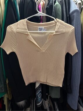 Princess Polly Ribbed Collared Crop Top - Beige